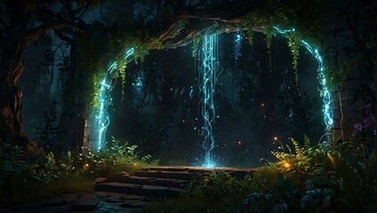 Poster - Mystical portal surrounded by glowing lights and greenery, inviting exploration.