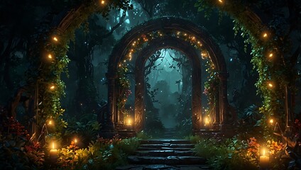 Sticker - Mystical portal surrounded by glowing lights and greenery, inviting exploration.