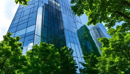 Wall Mural - Sleek skyscraper facade mirroring lush greenery, embodying principles of Environmental, Social, and Governance (ESG) with a focus on sustainable urban development