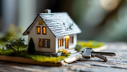 Sticker - Charming tiny house model alongside silver keys, representing the dream of owning a small home in the real estate market