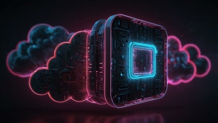 Poster - Neon cloud symbol representing digital storage in a futuristic tech setting.