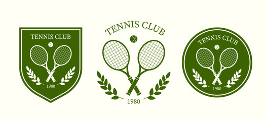 Tennis club logo set. Rackets and ball. Active lifestyle, leisure and sports. Competition and tournament. League and championship. Flat vector collection