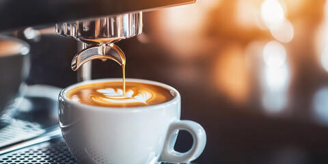 Espresso machine brewing fresh coffee with latte art in a cup, ideal for cafe and barista concepts.