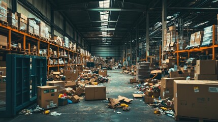 A disarrayed warehouse with boxes haphazardly piled and strewn across the floor, emphasizing the impact of poor organization on warehouse efficiency.