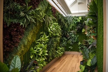 Biophilic Interior Design: Green Hallway with Nature-Inspired Plants, Botanical Decor, and Sustainable Style.