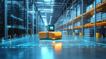 A modern warehouse equipped with interactive digital interfaces and robotics, illustrating the future of automation and efficiency in logistics operations and warehouse management.