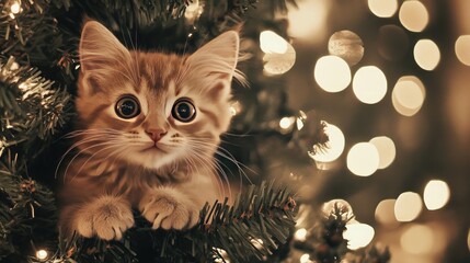 Wall Mural - An adorable cat sits atop a Christmas tree, gazing at the camera with wide eyes and upright ears, captivated by the twinkling lights and festive greenery