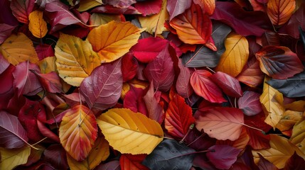 Wall Mural - Close-up of a variety of autumn leaves in shades of brown, yellow, and red.