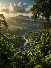 Sticker - Panoramic countryside view with a rainforest ecosystem and healthy environment.