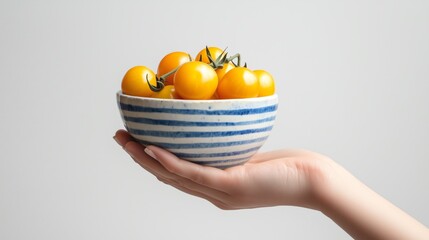 hand holding ceramic blue plate with cherry tomatoes