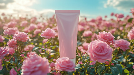 blank mockup tube for cream or lotion in field of pink roses, cosmetics mock up template