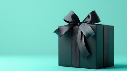 Black gift box with black ribbon bow on a teal background.