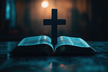 Wooden cross standing on an open bible with a blurry background.