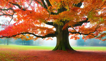 Canvas Print - Vibrant autumn forest, natural scenery with falling leaves and oak trees.