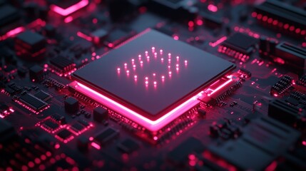 A glowing pink circle symbol is depicted on a black computer chip, surrounded by a circuit board.