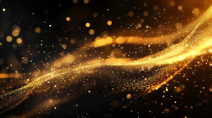 Sticker - Abstract background with a golden wave of glitter and bokeh lights on a black background.