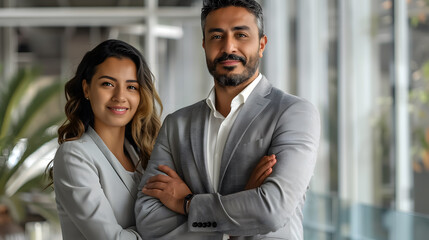 Portrait of happy multi-ethnic business couple posing with arms crossed