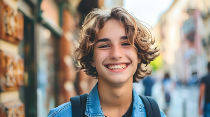 Wall Mural - Portrait of a smiling teenager on the street, outdoors.