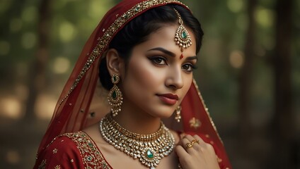 Wall Mural - Portrait of a beautiful Indian woman with traditional makeup and jewelry.