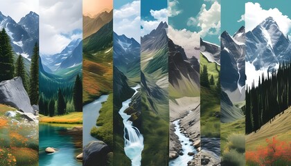 Wall Mural - Diverse Mountain Landscape Collage for Inspiring Desktop Backgrounds, Planners, Albums, Notebooks, and Postcards