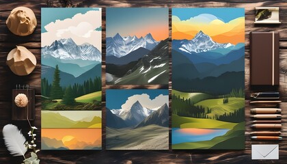 Wall Mural - Diverse Mountain Landscape Collage for Inspiring Desktop Backgrounds, Planners, Albums, Notebooks, and Postcards