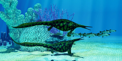 Poster - Hupehsuchus Marine Reptiles Undersea - Hupehsuchus was a small genus of marine reptile found in China and lived in the Triassic Period. Two of them chase after a Pacific Herring fish school.