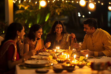 A Divali festive celebration with family captures the joy and togetherness of the festival of lights. This vibrant scene showcases traditional diyas and cultural rituals. Perfect for festive themes