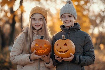 Sticker - Child boy and girl holding halloween pumpkins jack o lantern in autumn park