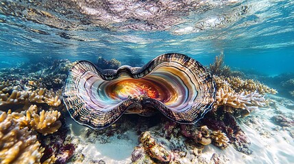 A vibrant giant clam, with its iridescent shell open, sits on a sandy seafloor surrounded by coral reefs in a tropical lagoon.