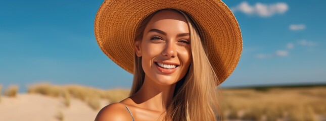 Canvas Print - Smiling Woman in a Straw Hat