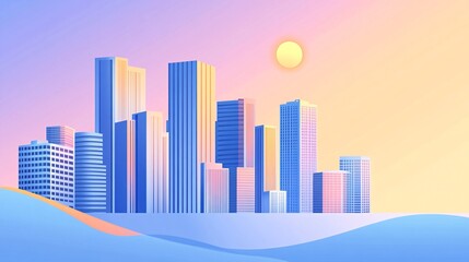 A vibrant cityscape with modern skyscrapers and a sunset sky.