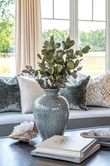 Wall Mural - A vase with green branches sits on a coffee table with a book and crystals in front of a window.