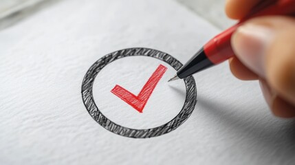 Hand with red pen marking a check mark in a circle on a white sheet of paper.