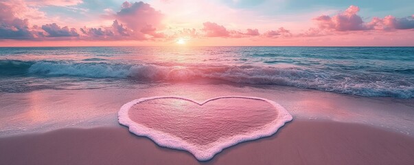 Wall Mural - Romantic heart shaped foam in ocean water on a sandy beach with sunset sky.