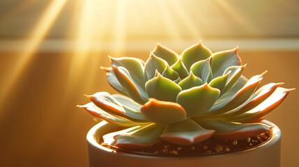 A succulent plant in a pot with sunlight shining through a window behind it.