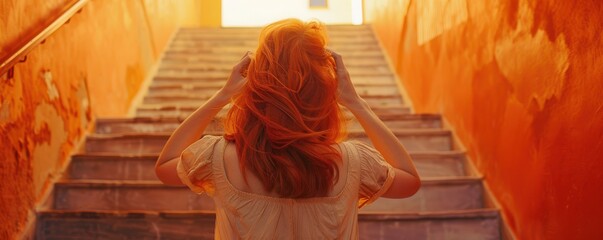 Wall Mural - Rear view of a redhead woman adjusting her hair as she ascends brightly colored stairs.