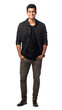 © MPA STUDIO - Full-body portrait of smiling young Indian or Arabian man in casual outfit with hands in pockets isolated on transparent background. Confident and friendly pose. Design element for ads and media