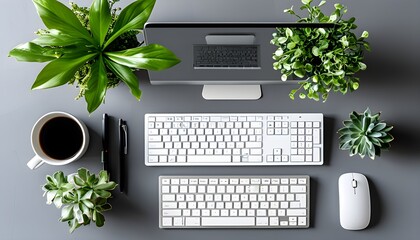 Wall Mural - Contemporary workspace arrangement featuring a gray desk, white book and diary, computer keyboard, and lush plant in a stylish flat lay presentation