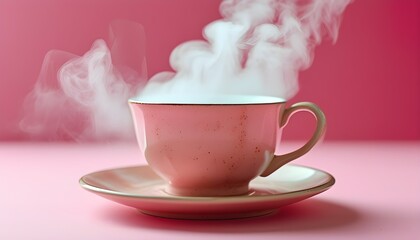 Wall Mural - Cozy pink cup with steaming beverage on a soft pink backdrop