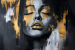 © Kay7osha - Abstract Acrylic Painting Portrait of a Beautiful Woman in Black and White With Gold Accents, Visible Paint Texture and Strong Brush Strokes