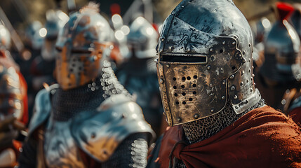 a group of individuals dressed in medieval armor, including helmets with face guards and chainmail