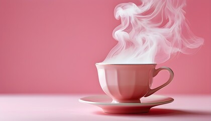 Wall Mural - Cozy pink cup with steaming beverage on a soft pink backdrop