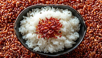 Wall Mural - Nutritious red rice close-up against textured background, showcasing dietary benefits in a top view perspective