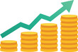 © OKAN - Stacked coins with a green upward arrow, representing financial growth and economic success
