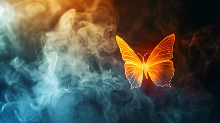 Shining butterfly from paper on a dark background with gradient warm and cold smoke. Magical creature concept with copy space