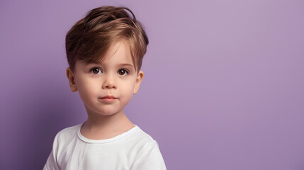 Side view of a cute little boy posing, isolated over a purple background, looking at the camera - portrait