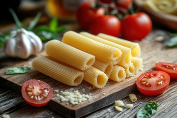 Close-up of uncooked rigatoni pasta with tomatoes, garlic, and basil on a wooden cutting board.