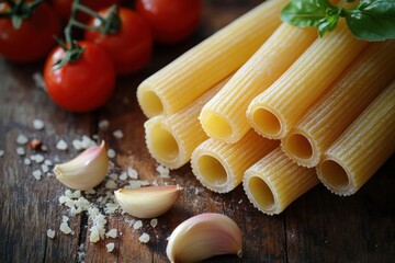 Close up of raw pasta, garlic cloves, cherry tomatoes and grated parmesan cheese on a rustic wooden table.