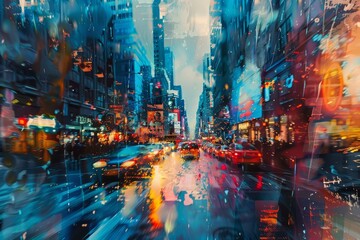 Wall Mural - A painting depicting a city bustling with activity, characterized by numerous towering skyscrapers, The hustle and bustle of city life captured through a blend of colors and shapes in the skyline