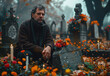 © Professional Agency - A man reflects quietly beside a tombstone adorned with flowers and candles on an autumn day in a serene graveyard